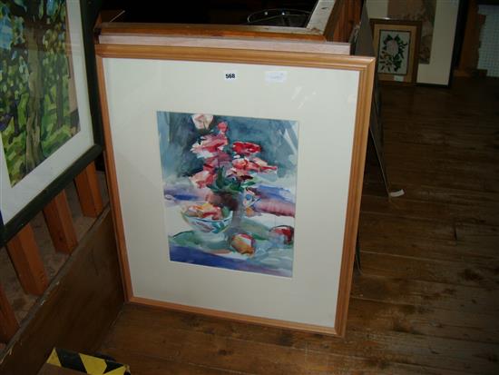 Roy Freer (b. 1938), Peonies & Fruit Bowl, signed, watercolour, label verso. Bank Street Gallery & an etching of irises
